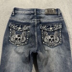 Vtg SKY Jeans Women 11 Bootcut Blue Gothic Skull Wings Embroidered Y2K